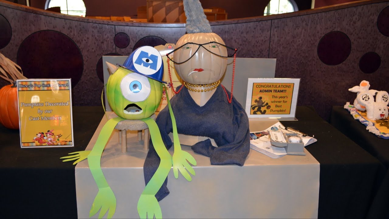 walt disney world vacation Halloween Pumpkin Display at Disney's Pop Century Resort w/ Mike Wazowski, Roz, Duffy, Hades