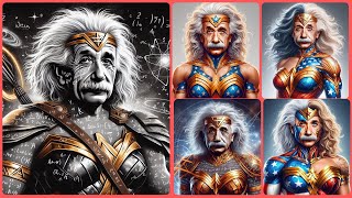 A thought-provoking digital illustration of Albert Einstein transformed into a Wonder Woman hybrid