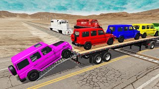 Double Flatbed Trailer Truck vs Speedbumps Train vs Cars | Tractor BeamNG.Drive #08