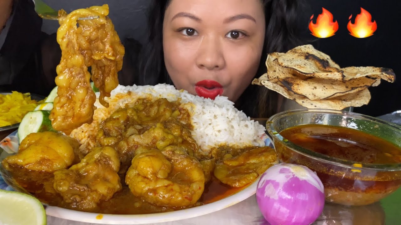 BIG PIECES OF SPICY MUTTON FAT CURRY, OILY FRY POTATO, RICE EATING | MUTTON CURRY MUKBANG| BIG BITES