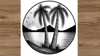 Easy Sunset Scenery Drawing with Pencil | Beautiful Palm Tree Landscape Drawing Step by Step