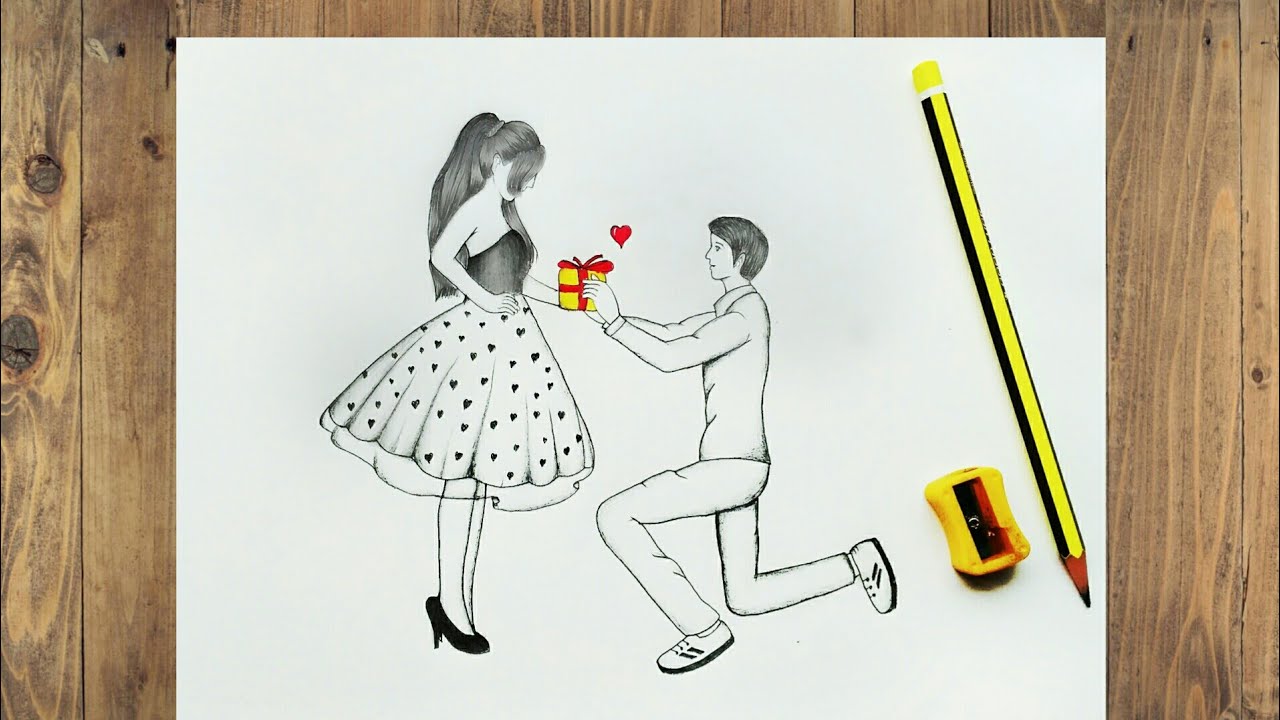 How to draw a girl and boy proposed ||Valentine couple drawing step by ...