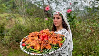 Roast chicken with rice in the village