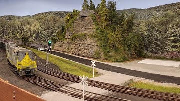 O Scale 2 Rail Clinchfield layout GP7s at Hanging Rock crossing