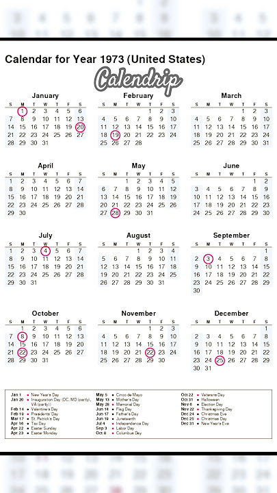 Calendar 1973 #monthsoftheyear