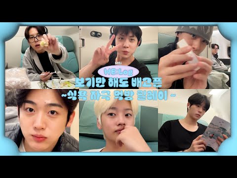 (ENG) [WE:Log] WEi CAM l 보기만 해도 배고픈 식욕 자극 먹방 릴레이 l 첫 퍼스트 클래스✈ l 기내식 뿌셔뿌셔🍽