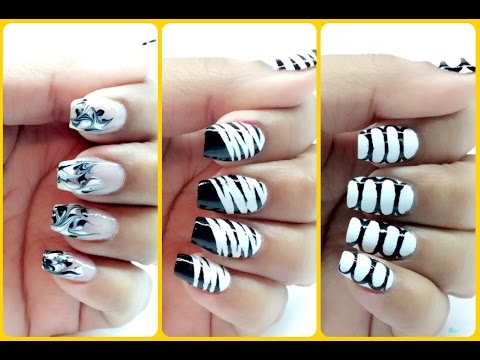 รวมแบบเพ้นท์เล็บสีขาวดำ เล็บขาวดำ ลายสวยๆ 3แบบ // black and white nails 3 easy nail art designs easy