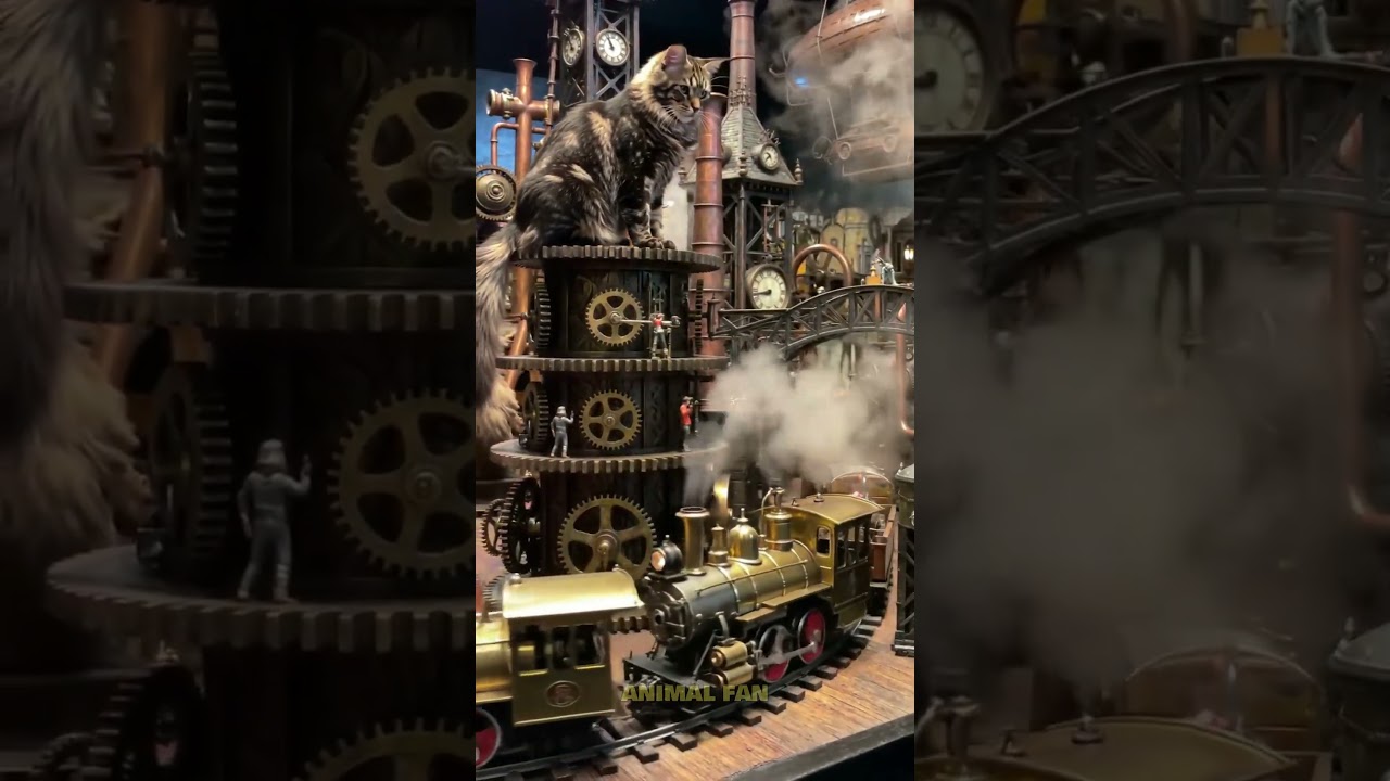Giant Cat in Steampunk Miniature City | Epic Diorama with Train, Airship & Gears