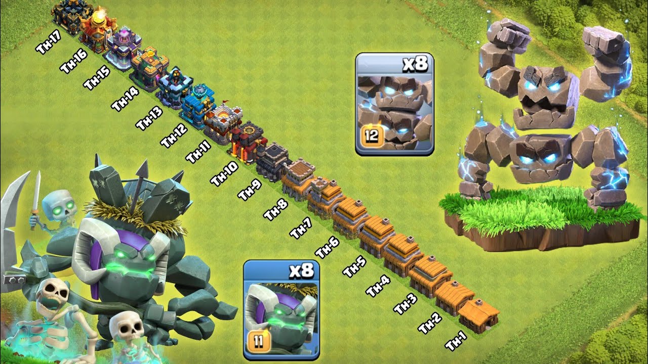 New Meteor Golem vs Witch Golem VS Every Max Town Hall - Clash of Clans