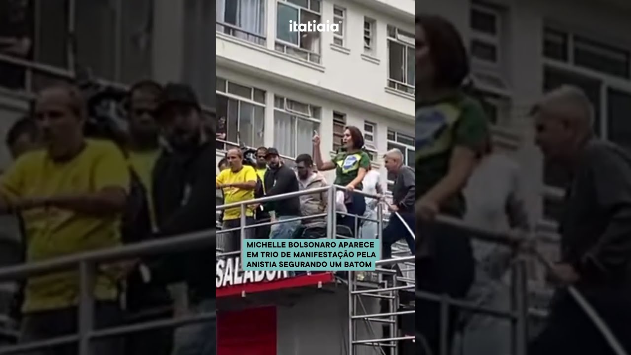 MICHELLE BOLSONARO APARECE EM TRIO DE MANIFESTA O PELA ANISTIA SEGURANDO UM BATOM
