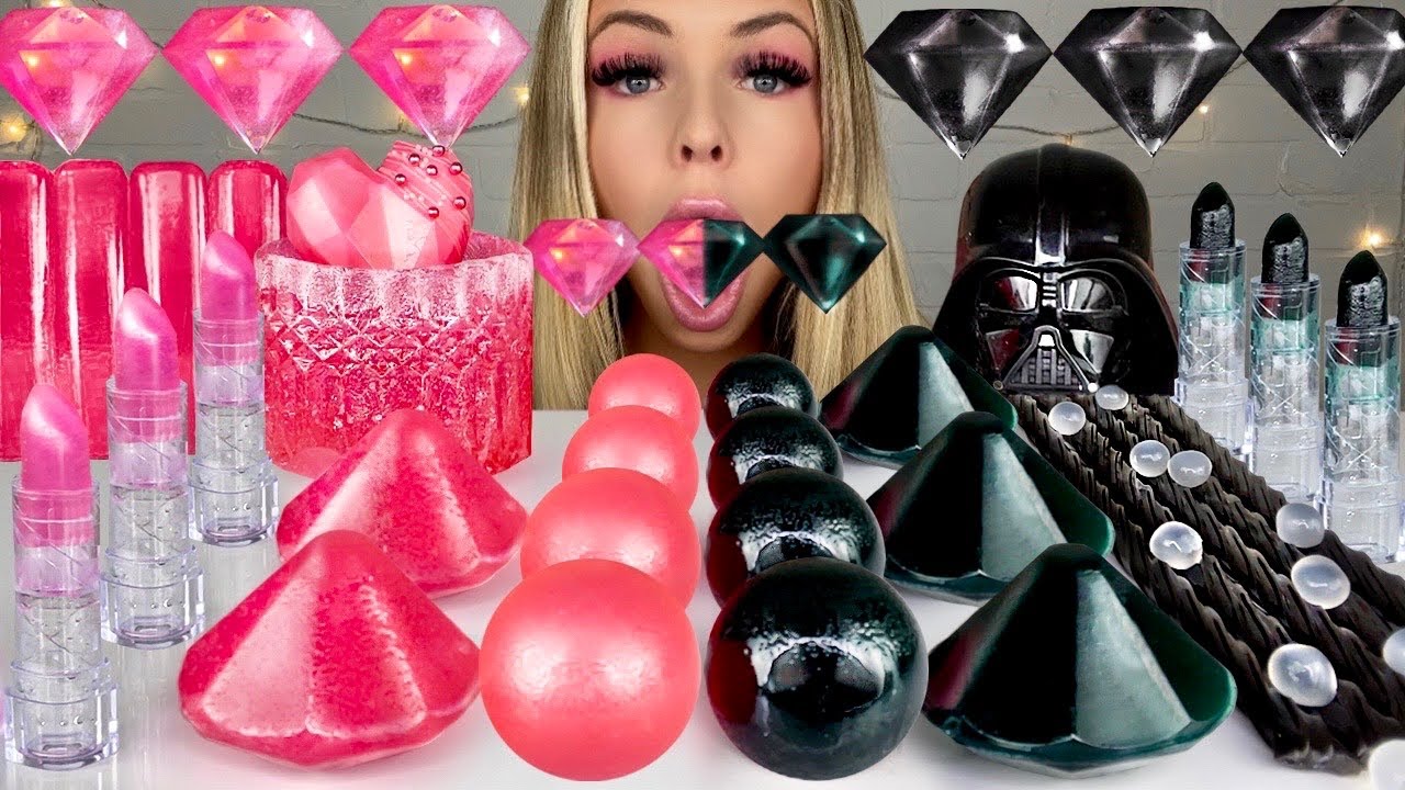 ASMR PINK AND BLACK FOOD, EDIBLE CRYSTAL, BLACK LICORICE, EDIBLE DIAMONDS, BOBA, JELLY MUKBANG 먹방