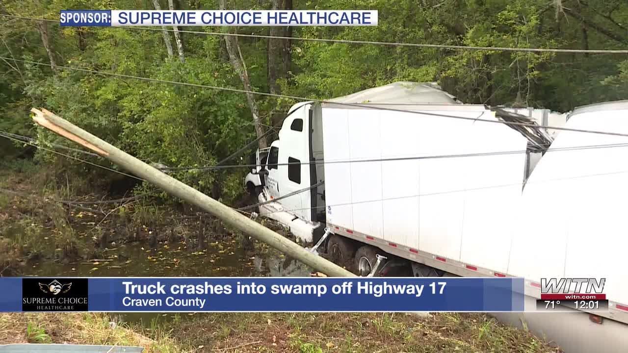12PM: Power lines down after truck runs into swamp off Highway 17 - YouTube