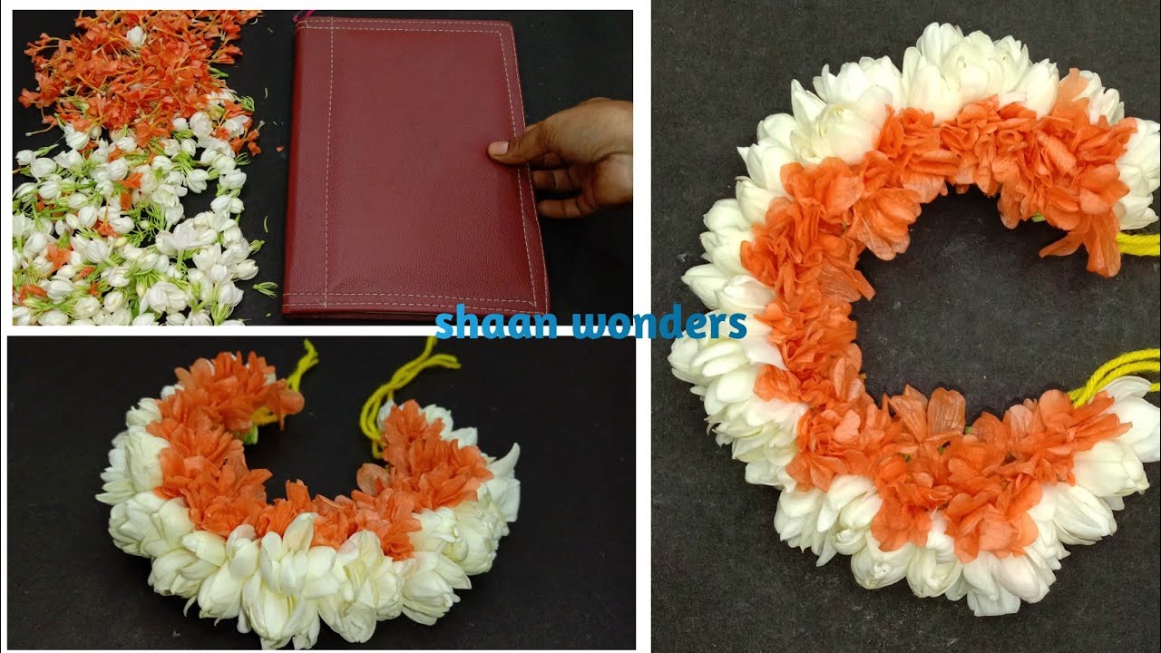 Bridal hair garland making using old dairy and jasmine crossandra flowers/ kanakambaram mala kattadam - YouTube