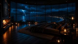Heavy Rain by Seaside Window ⛈️🔥 Fireplace & Thunderstorm Night for Calm Mind & Deep Sleep (NO ADS)