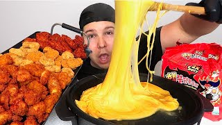 CHEESE FONDUE with SPICY FIRE CHICKEN • Mukbang & Recipe