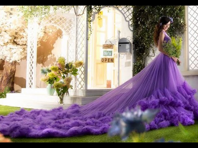 ball gown purple wedding dress Purple Tulle Wedding Dresses Ball Gown Spaghetti Straps V-Neck Beaded   angelaweddings