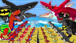 SPIDER MAN T-REX MEGALODON vs Mosasaurs Evolved : Who King Of Dinosaurs Radiation? Godzilla Cartoon