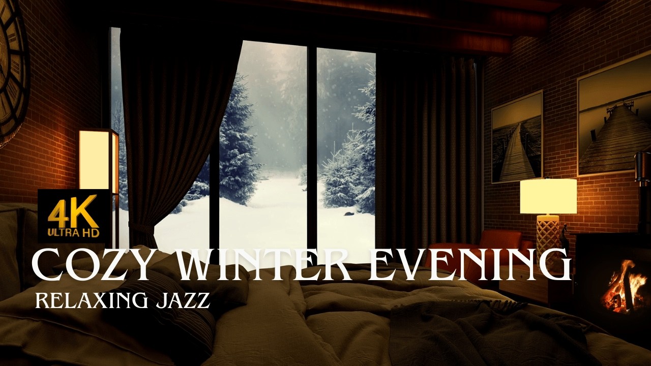 Cozy Winter Cabin Fireplace Jazz | Relaxing Evening Ambience (4K)