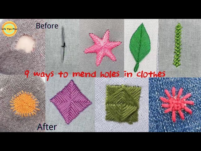 Nine Ways to Patch Holes in Clothes.Amazing Embroidery Stitches For  Beginners /Guide to Sewing. 