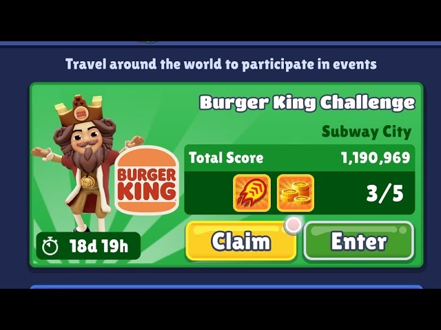 Subway Surfers - The King has cooked up a deliciously fun CHALLENGE. 👑  Check out the #SubwaySurfers World Tour Events and team up with the King,  and complete The Burger King Challenge