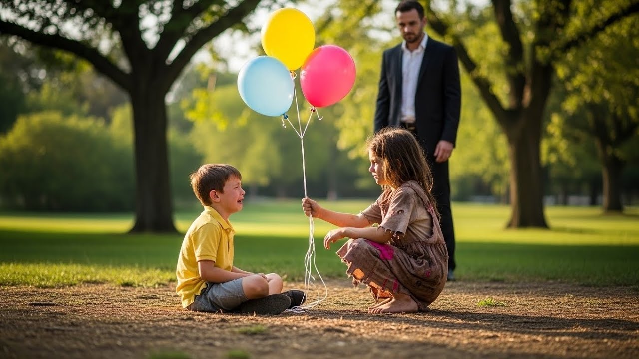 PEQUEÑA MENDIGA USA SU ÚNICA MONEDA PARA COMPRAR GLOBO AL HIJO DE UN MILLONARIO, Y ÉL OBSERVABA TODO