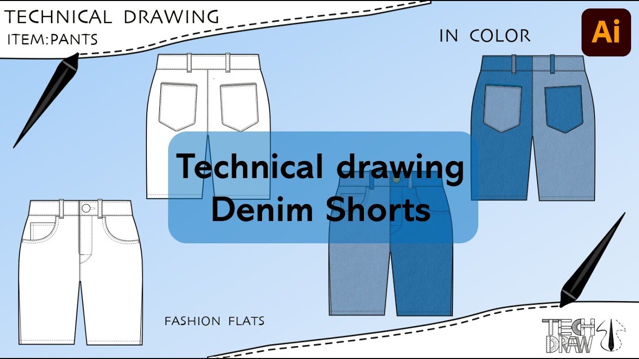 Fashion technical drawing denim shorts on illustrator [ TECHDRAW ]
