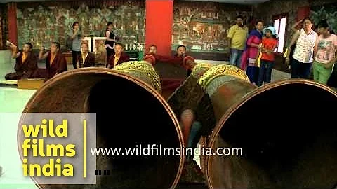 Buddhist monks playing dungchen during evening prayer - DayDayNews