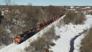 Awesome Aerial 4K View! Another Long Extra Stack Train CN X123 Rolling into Moncton, NB