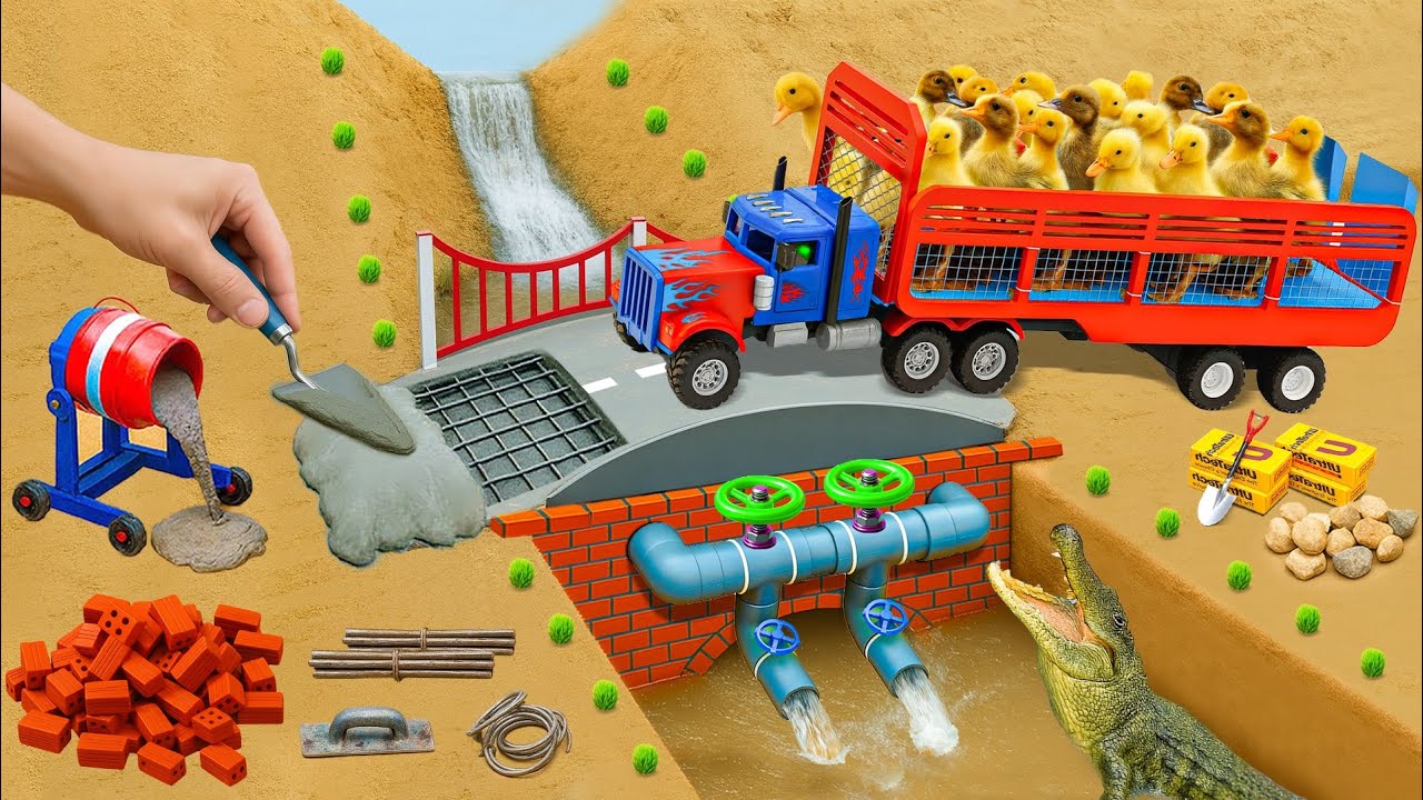 DIY Mini Tractor Builds a Strong Brick and Concrete Bridge for Trucks After a Crocodile Destroyed It