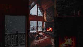 Two Beagles Sleeping by Fireplace While Blizzard Hits the Cabin