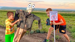 Darius rides on Tractor picking up a giant watermelon learning road signs for kids by Kidscoco Club