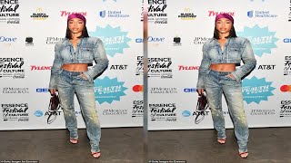 Lori Harvey bares toned tummy in all denim ensemble as she walks the red carpet of the 2022 Essence