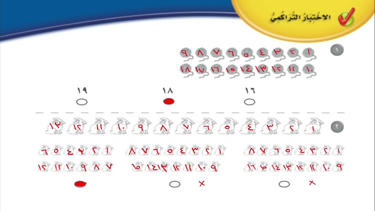 الإختبار التراكمي ٥ : الأعداد حتى ٢٠ | الصف الأول الإبتدائي