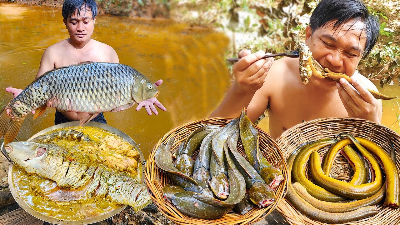 Catch and cooked fish by the river - Catfish steamed with sterilized ...