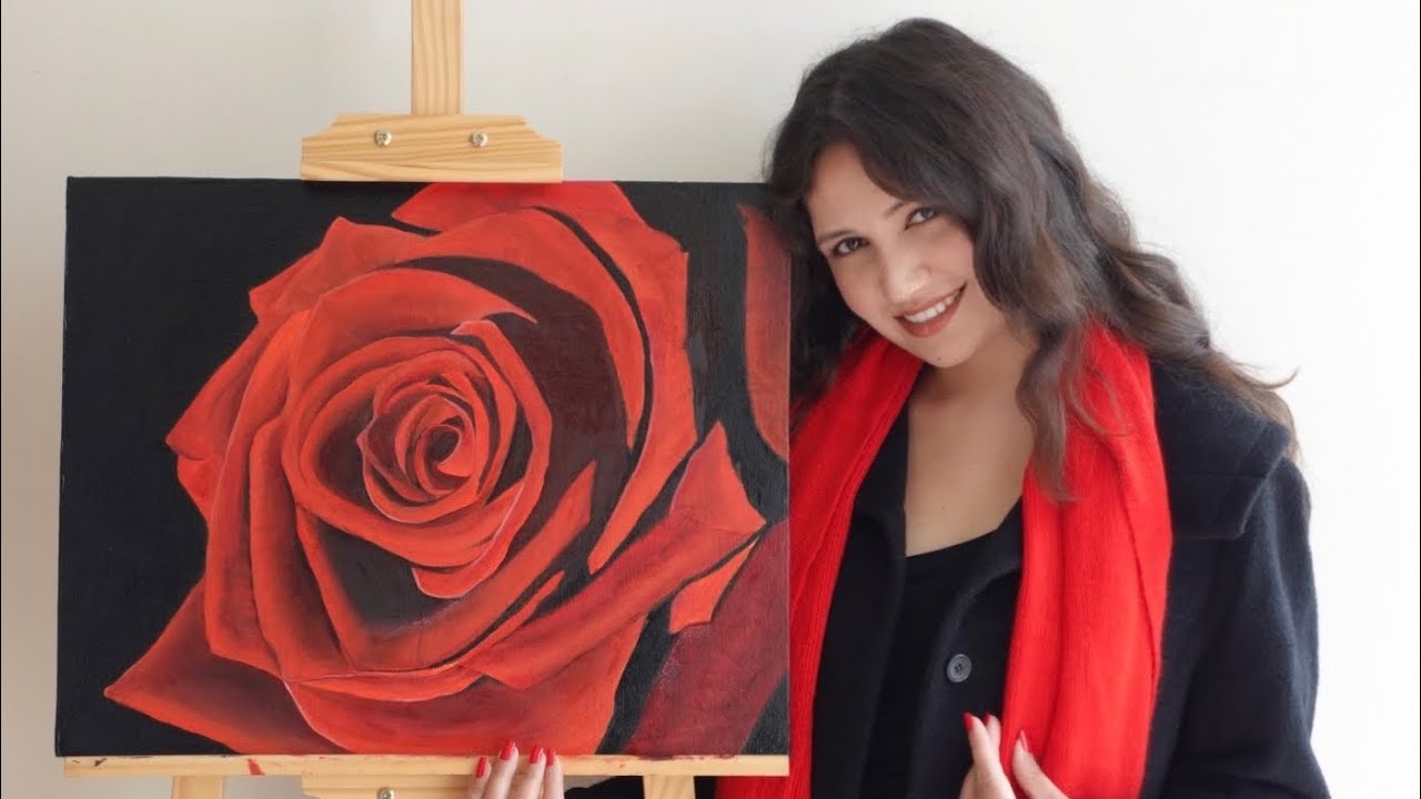 Easy Red Rose painting -step by step oil on canvas - YouTube