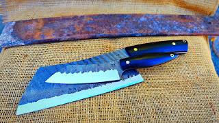 Forging a sharp cleaver knife from an old rusty spring