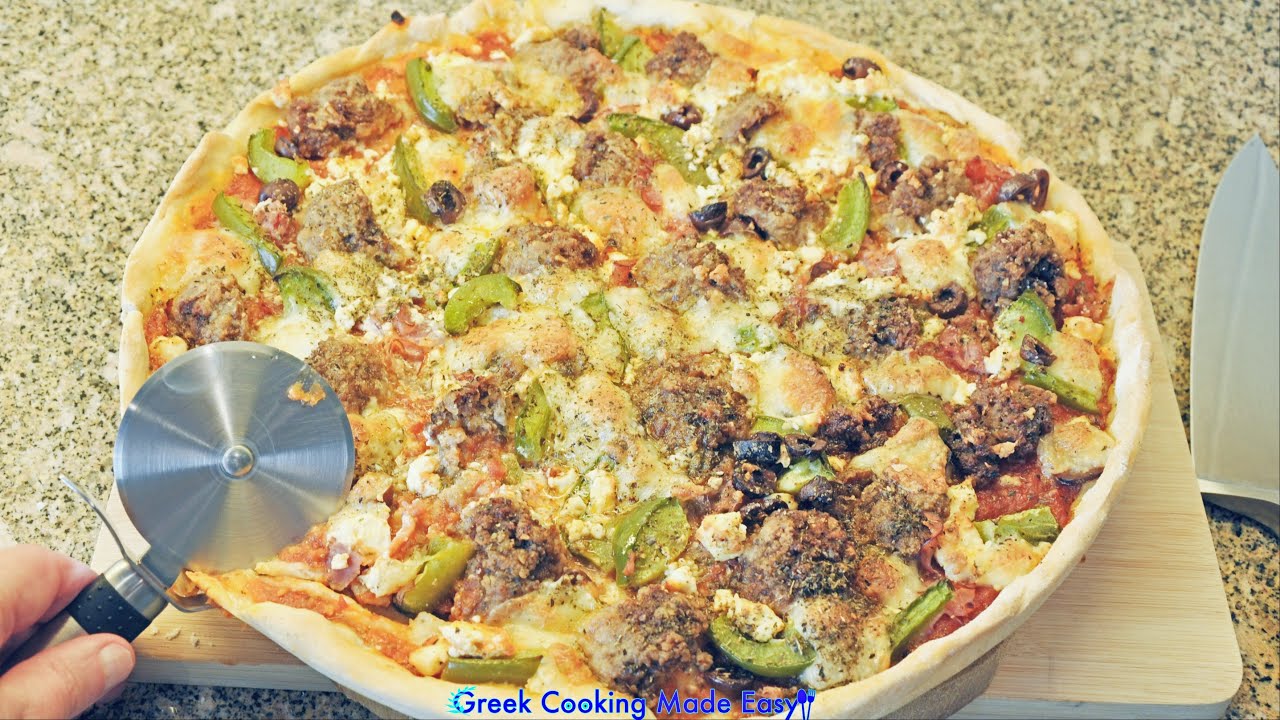 Pizza Greek Style with Feta Cheese and Keftedes - Ελληνική Πίτσα με Φέτα και Κεφτέδες | Greek Cooking Made Easy