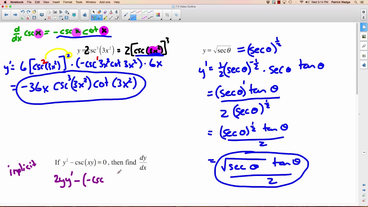 Calc 12 - 7.3 Derivatives of Other Trigonometric Functions - YouTube