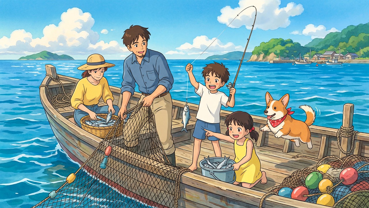 A Peaceful Day on a Floating Boat at Sea, Fishing Warm Moments with Family | Ghibli Style Video