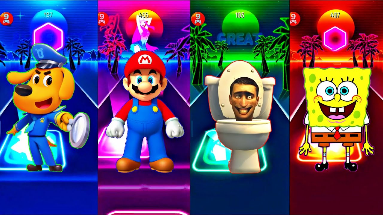 Lightning SHERIFF LABRADOR 🆚 SUPER MARIO 🆚 SKIBIDI TOILET 🆚 SPONGEBOB Color Tiles Hop 🌈⚡ | INSANE