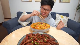 ASMR MUKBANG | Braised Tiger Skin Chicken Feet & Spicy Wide Noodles Recipe ! Eating