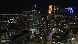 Downtown Minneapolis Minnesota night time skyline aerial views
