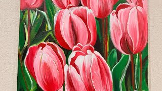 Tulips 🌷 flowers  acrylic painting on canvas tutorial artwork #trending #art #viralvideo #drawing 
