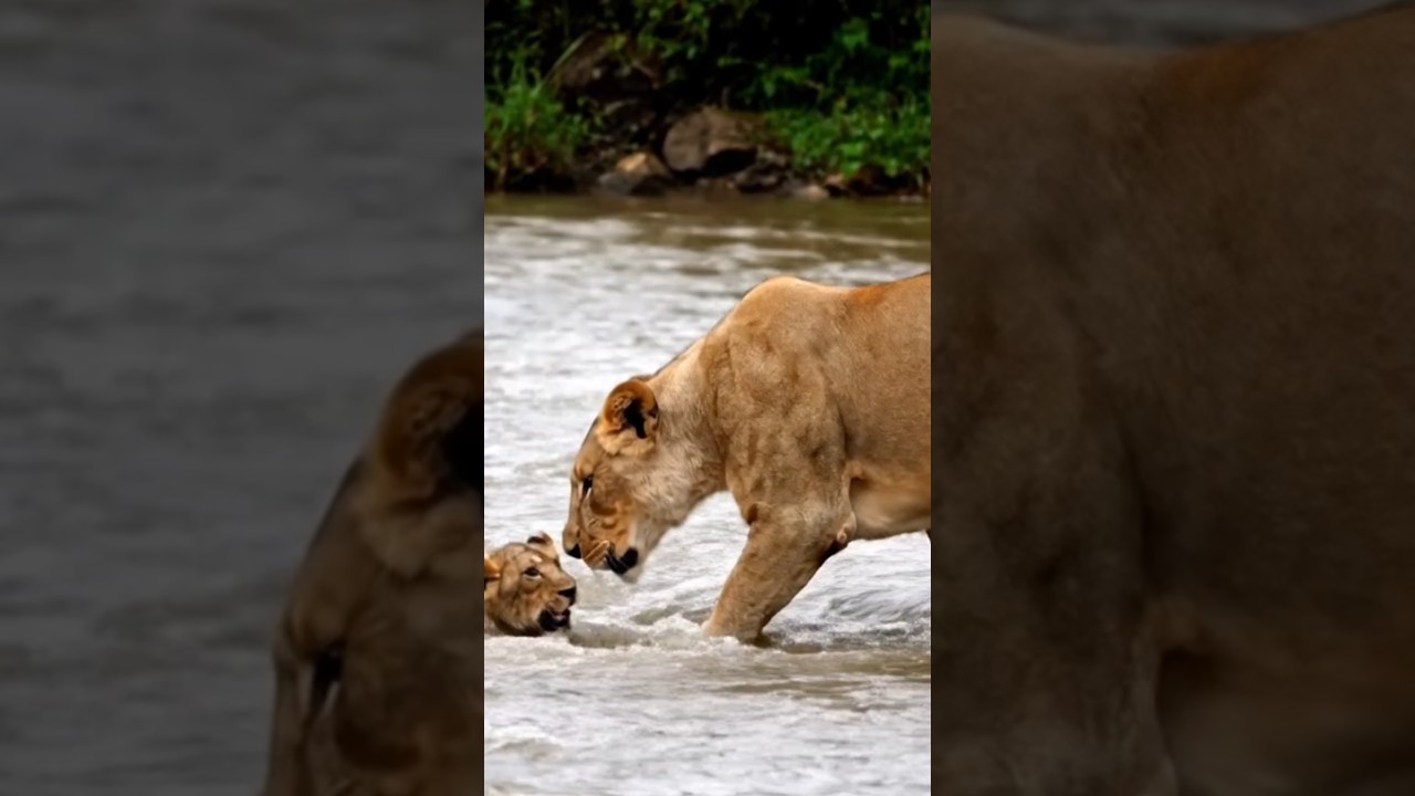Lion gently rescues a trapped cub from a river, dramatic wildlife rescue scene 