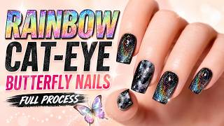 Rainbow Cat-Eye Butterfly Nails on a Black Base ✨ Matte Line Art, Stars &amp; Full Nail Design Process