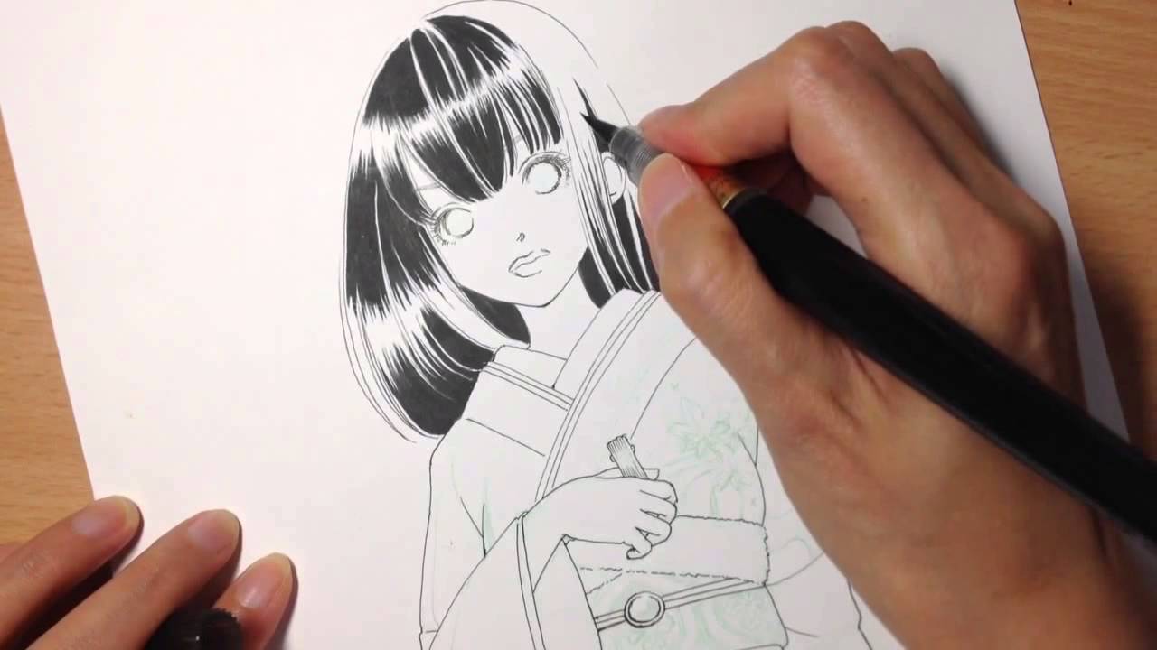 描いてみた モノクロ 着物 黒髪の女の子 3 髪の毛のツヤベタ Youtube