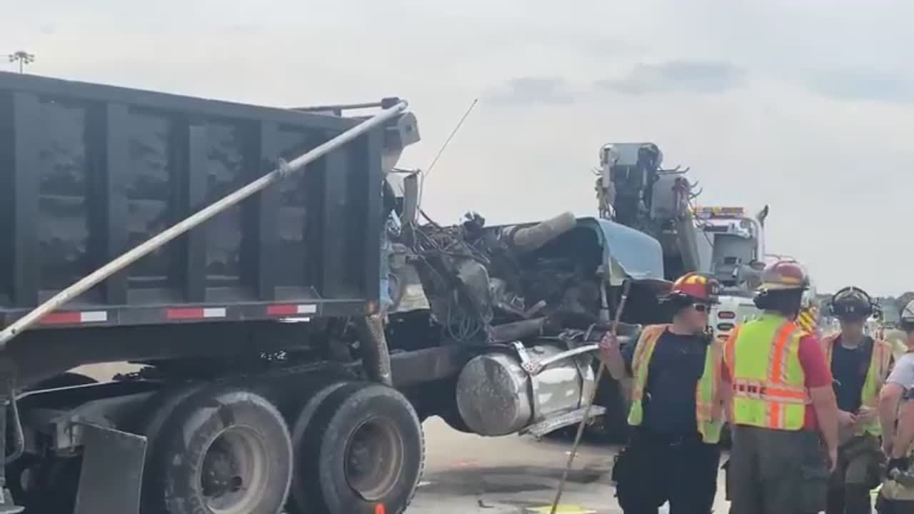 Dump truck rear-ends tractor-trailer, driver ejected - YouTube