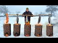 Caught and cooked trout inside logs life in the distant snowy mountains