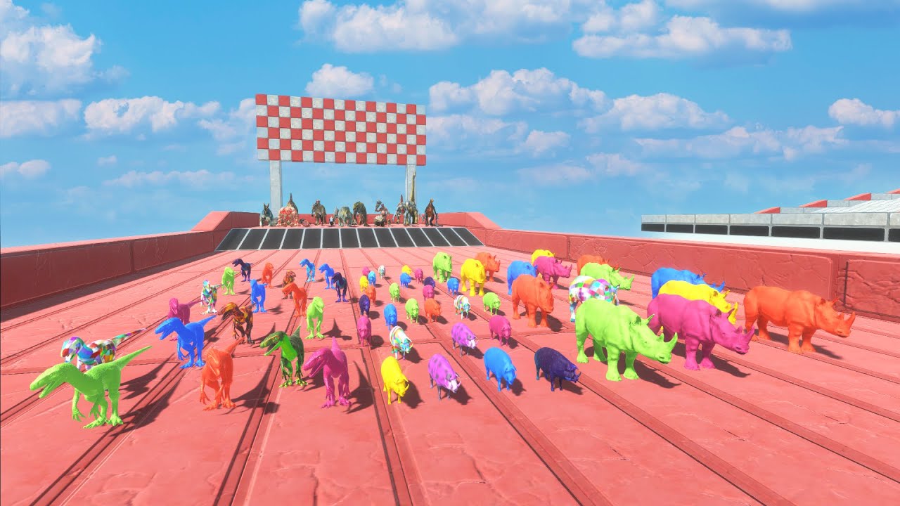 RACE TO EAT MANY COLOR DEINONYCHUS, PIG, RHINO - Animal Revolt Battle Simulator