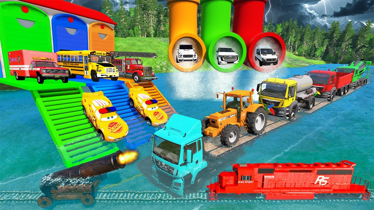 Triple Flatbed Trailer McQueen Transportation with Truck - Speedbumps vs Cars vs Train - BeamNG #34